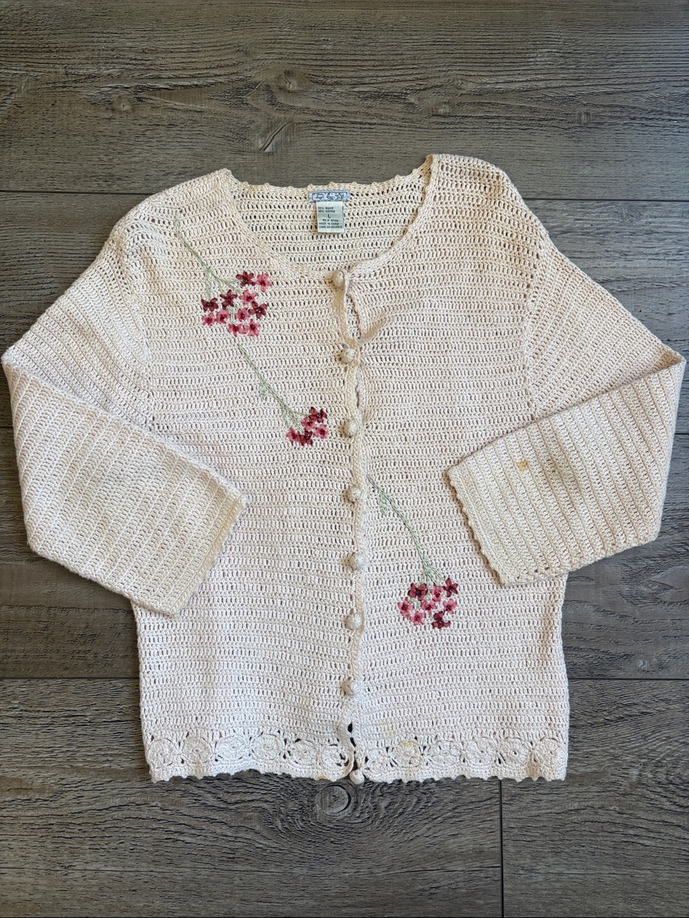 Vintage Heart Moon Star Cream Crochet Cardigan Embroidery Tiny Pink Faux Flowers